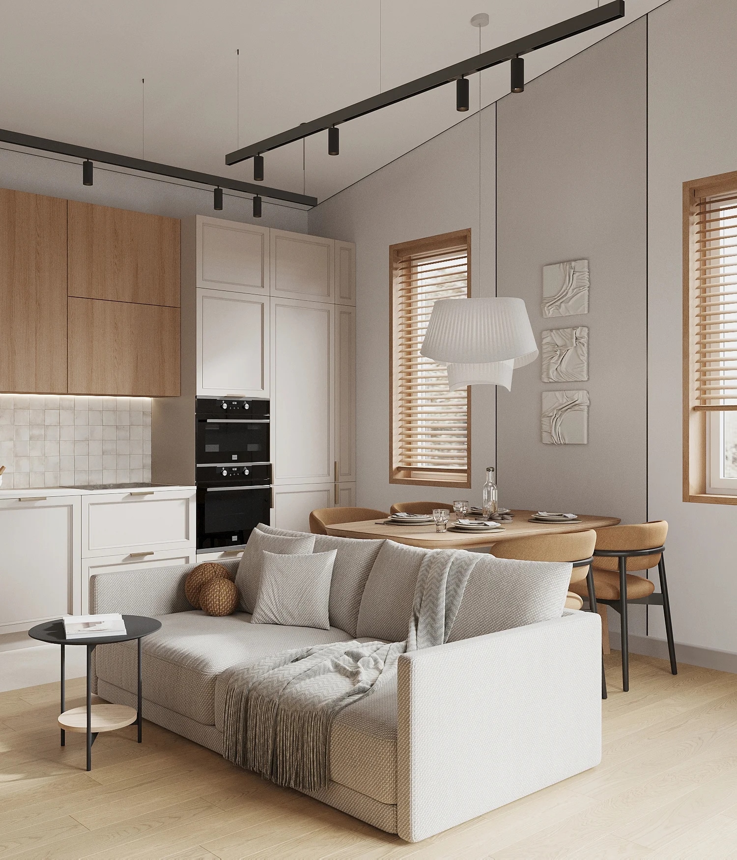 Элегантная гостиная в стиле минимализм в светлых тонах 